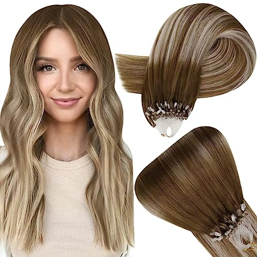 Easyouth Ombre Microring Extensions Echthaar Blond Micro Loop Extensions Balayage Micro Extensions Echthaar Mittelbraun Mix Platin Blond und Mittelbraun 40 cm 50g #6/60/6