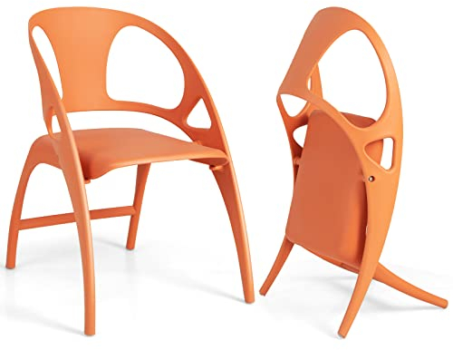 COSTWAY 2er Set Esszimmerstühle Klappbar, Klappstühle mit Rückenlehne & Armlehne, bis 150 kg belastbar, Essstühle aus Kunststoff, Stühle für Esszimmer Küche, Küchenstuhl Faltstuhl (2, Orange)