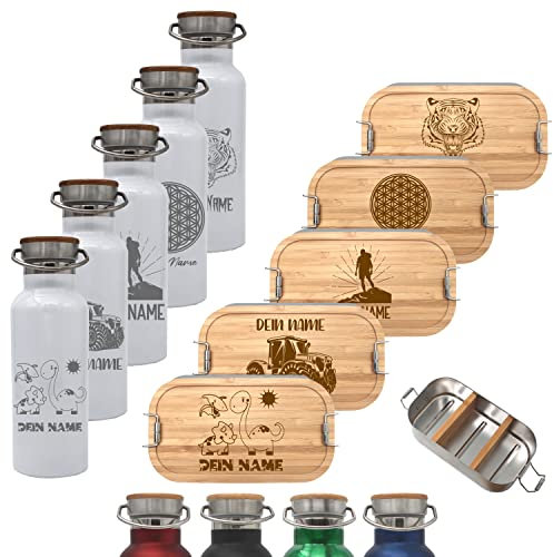 Brotdose 1100ml mit Fächern und Trinkflasche 500ml aus Edelstahl mit Namen personalisiert, Lunchbox und Isolierflasche für Kinder und Erwachsene Brotbox (Flasche WIESS, Große Lunchbox 1100ml)
