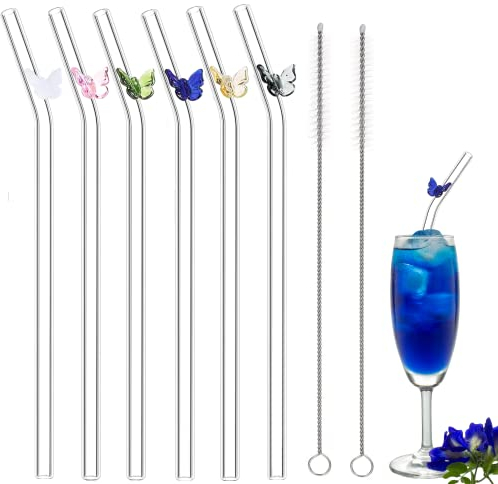 6 Stück wiederverwendbare Glasstrohhalme, 8 mm Glasstrohhalme, bunter Schmetterling auf transparenten Trinkhalmen, gebogene Trinkhalme mit 2 Reinigungsbürsten für Smoothies, Getränke, Shakes, Säfte