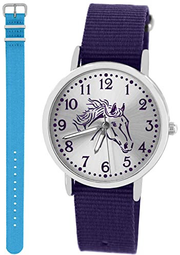 Pacific Time Kinder Armbanduhr Mädchen Junge Pferd Motivuhr Kinderuhr Set 2 Textil Armband violett + hell blau analog Quarz 10320