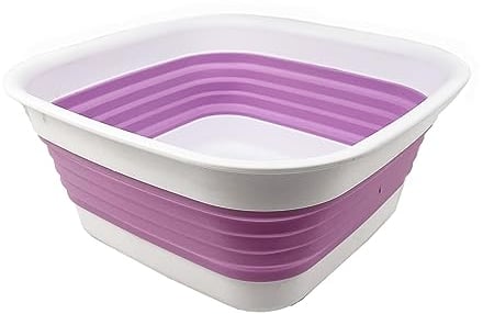 SAMMART 8L Collapsible Tub - Foldable Dish Tub - Portable Washing Basin - Space Saving Plastic Washtub (White/Pale Purple)