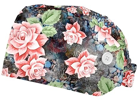 Unisex 2 Packungen Bouffant Scrub Hüte mit Knöpfen Schweißband chirurgische Bouffant-Kappen für Damen und Herren, rosa Blumen, Mehrfarbig1, Einheitsgröße
