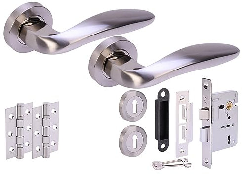 HANDLEZONE® Lagus Door Handles on Rose 3 Lever Lock Pack with 75mm Ball Bearing Hinges and 76mm Lock - Dual Polished/Satin Nickel