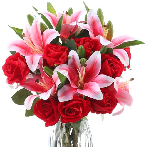 Hotop 20 Pcs Artificial Flowers Velvet Realistic Roses and Latex Lilies Flowers Bouquet Decorations Arrangements for Home Table Centerpieces Independence Day(Pink, Red)