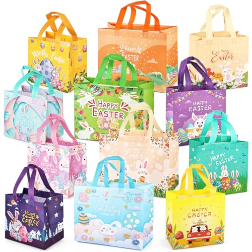 12 x Ostereiersuche-Taschen mit Griffen, Verschiedene Größen, Häschen Karotten Küken Ei Taschen, Oster Leckerei Taschen, Non-Woven Ostertaschen zum Verpacken von Geschenken, Eiersuche, Partyzubehör