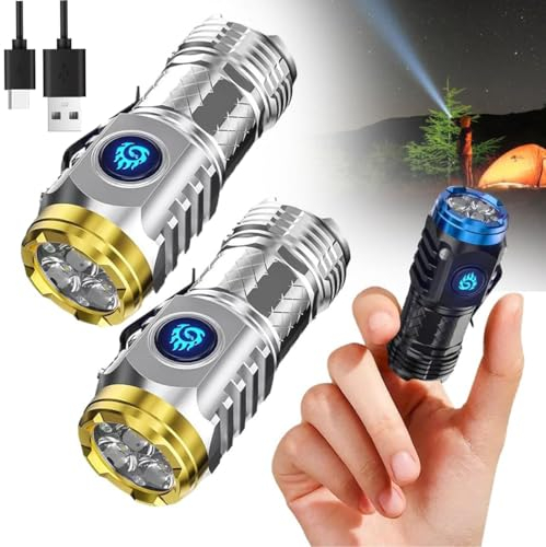 Starnearby 2 Stück Mini-Taschenlampe mit dreiäugigem Monster, Aufladbar LED Taschenlampen Extrem Helle mit 5 Lichtmodi, Wasserdicht Taktische Handlampe für Camping, Outdoor, Wandern, Notfall (Silber)