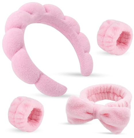 Stirnbänder, Stirnband Handgelenk Waschband Set, Handgelenkbänder, Haarband Schminken, spa stirnband, abschmink haarband, für Mädchen zum Waschen des Gesichts, zum Schminken und zur Hautpflege (Rosa)