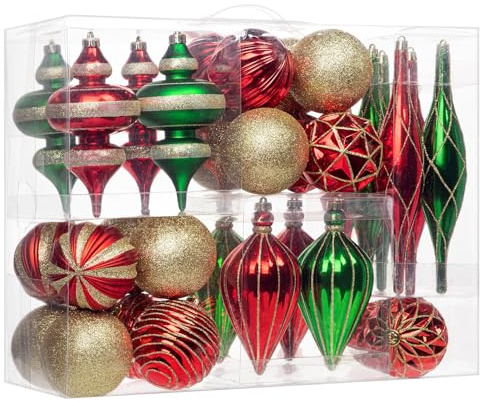 Hollyone 32PCS Weihnachtskugel Set, Bruchsicher Weihnachtsornamente Kunststoff, Verschieden Christbaumkugeln Hängeornamente für Weihnachtsbaum Feiertage Partys Wohnraumdekoration, Gold Rot & Grün