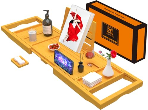 Bathtub Tray Caddy - Bath Tray Caddy - Waterproof Bamboo Wooden Bath Organizer for Wine, Book, Soap, Phone