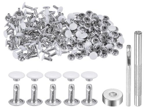 QUARKZMAN 100 Ensembles de Rivets en Cuir 8mm x 10mm en Métal avec Double Capuchon, Attaches Pression et 3 Outils de Pose pour la Réparation de Projets de Maroquinerie, Couleur Blanche