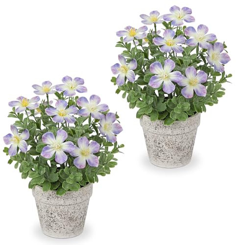 Arborus 25CM Artificial Flowers in Rustic Pot 2pcs Small Fake Plants Indoor in Pots Purple Decorative Artificial Oxalis Flowers for Farmhouse Windowsill Home Table Centerpiece Decoration