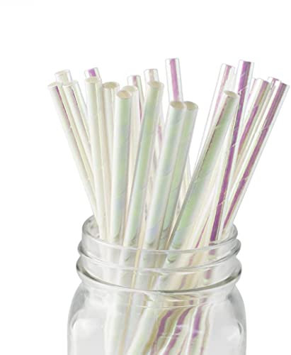 Lot de 100 pailles en papier blanc irisé - Pailles jetables - Pour cocktail, gâteau, pop - Pour anniversaire, fête de mariage