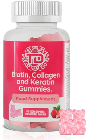 Biotin, Collagen and Keratin Gummies, Vitamins A, B6, B12, C, D, E | Supports Healthier Hair, Skin, Nails - 60 Vegan Strawberry Flavoured Gummies