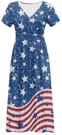 xixirimido Robe plissée à manches courtes et col en V pour femme, Drapeau des USA, L