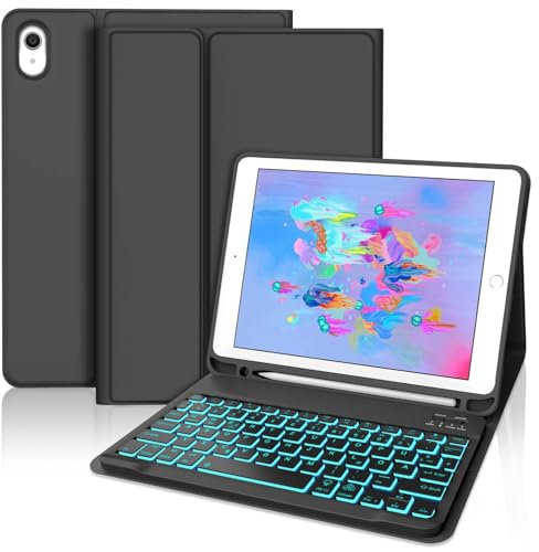 WINCHKING Funda para iPad de 6. generación con Teclado - Teclado para iPad de 6./5. generación 2018/2017, Teclado QWERTZ inalámbrico Desmontable (Negro-retroiluminación)