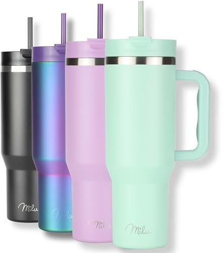 Milu Thermobecher 1200ml mit Strohhalm & Henkel, 24h Eisgekühlt / 12h heiß Edelstahl Tumbler 40oz mit Griff, Isolierbecher to go, Trinkflasche doppelwandig isoliert (Mellow Mint, 1200ml)