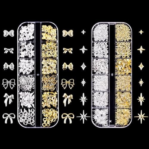 Nail Art Studs, Gold Silver Star Nail Charms 3D Bows Nail Art Charms Nail Studs Punk Metal Rivet Nail Jewels Nail Decorations Accessories (Gold+Silver B)