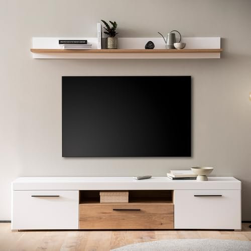 Lomadox Wohnzimmer Set TV Wohnwand modern Lowboard Wandboard weiß mit Eiche