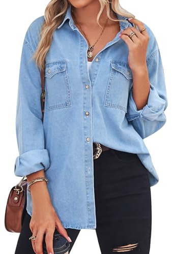 MINTLIMIT Womens Denim Shirt Long Sleeve Button Down Shirt Casual Jean Shirt Jacket Vintage Denim Blouses Tops with Pockets