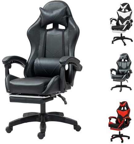 GadgetHaven Gaming Chair, Computer Chair with Lumbar Cushion, Headrest, Height-Adjustable Office Chair Gaming Chair for Adults, Girls, Boys (Black, with footrest)