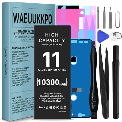 WAEUUKKPO Batterie pour iPhone 11, [10300mAh] Haute Capacité Batterie de Remplacement pour modèle A2223 A2111 A2221 avec kit d'outils de Remplacement