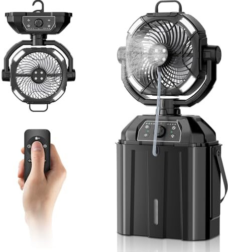 Portable Misting Fan for Outdoor Patio, 20000mAh Rechargeable Battery Operated Camping Fan with 6L Bucket, Strong Winds, 4 Large Spray Outlets, for Fishing/Travel/Garden Party/Golf/Tent, Black