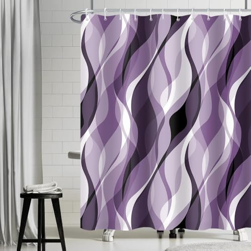 Uiiooazy Rideau Douche Violet, Rideau de Douche Anti Moisissure Abstrait Rayures Mauve Rayé Rideaux de Baignoire Tissu Imperméable Lavable Polyester Rideaux Salle de Bain avec 12 Crochets 180x220cm