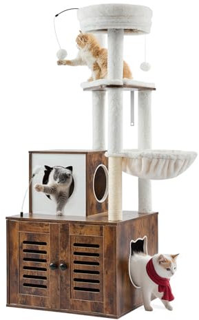 VEVOR Arbre à Chat, 140 cm, Grand Tour d'escalade à Chats 2 en 1 avec Meuble à Bac à Litière Condo à Plusieurs Niveaux avec Perchoir, Griffoirs en Sisal, Hamac, Maison de Repos pour Chatons Intérieur