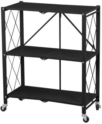 MA MAISON Scaffale Pieghevole a Ripiani, Carrello Metallico con Mensole- Salvaspazio, Richiudibile, con Ruote, Porta oggetti - Cucina, Camera, Giardino e Universale (3 Ripiani - Nero - 72x34x88,5 cm)