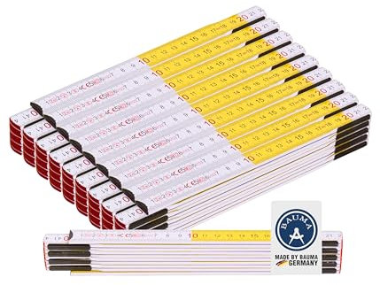 BAUMA® Zollstock 2 Meter Weiß [10er-Set] – Robust & präzise für vielseitige Messungen – Gliedermaßstab aus Glasbirkenholz mit Dekadeneinteilung in Weiß/Gelb – Made in DE