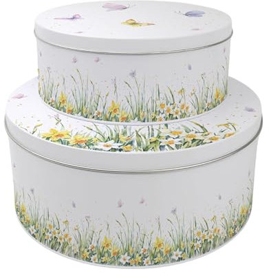 Purely Home Springtime Daffodils Set of 2 Cake Tins - Nesting Round Large & Medium Metal Storage Containers for Cakes and Baking - Homeware Gifts