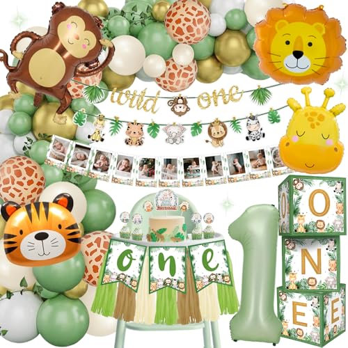 Deko 1.Geburtstag Junge Mädchen, Dschungel Geburtstagsdeko mit 1. Dschungel Safari Tierballonbogen, Fotobanner, Ballonbox, Hochstuhl Banner, Tortenaufsatz, Geburtstag Deko für Jungen und Mädchen