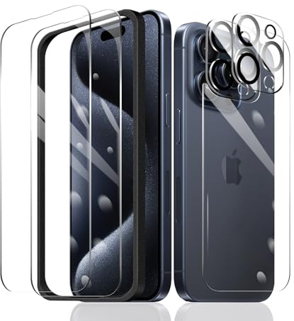 Fylnatc 2×Screen Protector for iPhone 15 Pro Max + 2×Camera Lens Protector + 1×Back Tempered Glass Film + 1×Installation Frame, 9H Hardness Case Friendly HD Clear Scratchproof Impact Protection