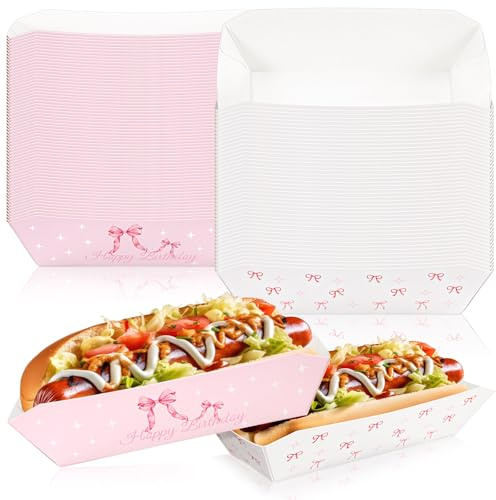 Blushtier 50 Pcs 7 Inch Pink Bow Hot Dog Trays, Disposable Paper Holders | Nacho Snacks Plates, Disposable Serving Food Boats for Coquette Birthday Party, Carnivals, Dinners, Cookouts