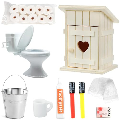 10 Stück Miniatur Puppenhaus Zubehör,Miniatur Toilettenhäuschen,Miniatur Deko Badezimmer,10 Rollen Toilettenpapier,Eimer,Toilettensitz Deko,Wichtelhaus Holz Wichtel Zubehör Weihnachten