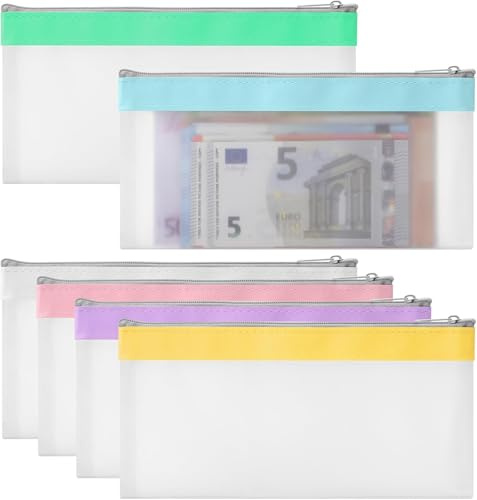 VOSSOT 6 Pièces Sacs d'argent avec Fermeture Éclair Pochette d'argent Enveloppes Sac de Banque Organisateur Transparent Porte-Monnaie pour Économiser Chèque Reçu 19,3 x9,4 cm