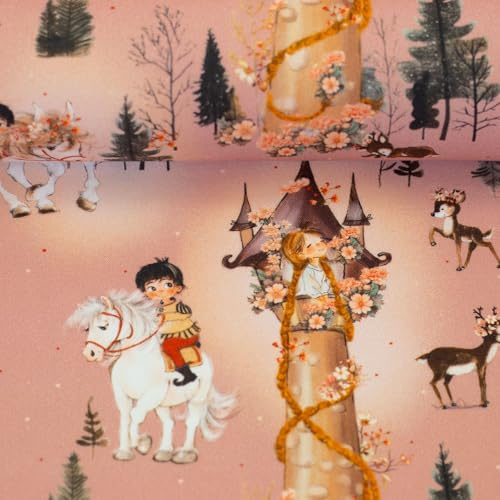 Baumwollstoff Märchenmotive Meterware – Ökotex zertifiziert – Rapunzel, Aschenputtel, Peter Pan – Kinderstoff zum Nähen - Metware ab 50 cm (Rapunzel, altrosa)