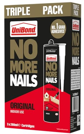 UniBond No More Nails Original, Construction Adhesive, White, 3 x 280 g | High-Strength Instant Grab Glue, Bonds Wood, Ceramic, Metal and More, No Nails Needed for Secure Mounting