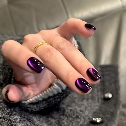 30 Pcs Deep Purple Cat Eye Press on Nails Short Square, Glitter Nails Sparkly Shiny Black Fake Nail Press on With Purple Cat Eye Design