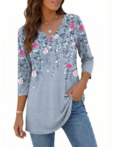 Rapbin Summer Clothes Long Shirts for Leggings Women 3/4 Sleeve Tops Summer Tops Trendy Work Blouses for Women Office