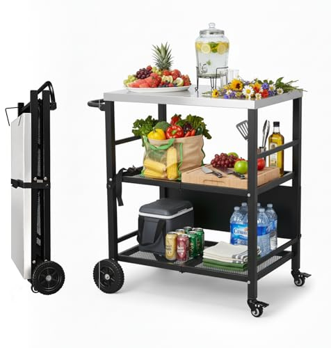 ROVSUN Stainless Steel Foldable Grill Table Cart, Outdoor Food Prep Rolling Cart with Wheels and Storage Shleves, Paper Towel Holder, Easy Movable Kitchen Island for Home, Patio, Pizza Oven