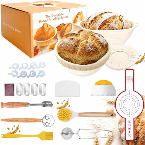 Delmkin Gärkörbchen Set,13-Teilig Sauerteig Starter Set,28 cm Gärkörbchen Oval und 25 cm Gärkorb Rund aus Silikon, Brot Backen Set,Klappbarer Brotgärkorb mit Stahlring für Anfänger & Profis