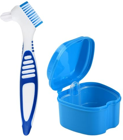 Boîte de prothèse, kit de nettoyage pour prothèses avec brosse à prothèses, gobelet de bain, récipient avec panier, support pour prothèses, porte-brosses pour le nettoyage de voyage (bleu)