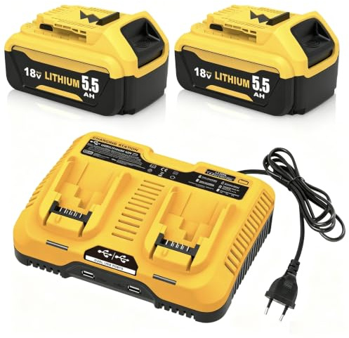 2X 5.5Ah Remplacement pour Dewalt Batterie 18V+ Chargeur Double DCB102 | pour DCB180 DCB181 DCB182 DCB184 DCB200 DCB201 DCB204