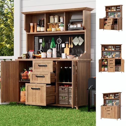 Pflanztisch Outdoor Wetterfest, Gartenschrank Holz mit Arbeitsplatte, Garten Werkzeugschrank mit 3 Schubladen, 3 Fächern, Metall-Lochwand und verstellbaren Regalböden für Terrasse und Balkon