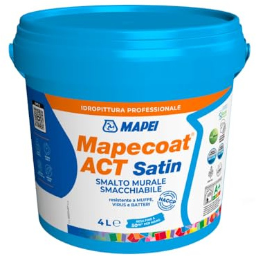 MAPEI Mapecoat Act Satin Smalto Murale Lavabile per Interni, Bianco, Finitura Satinata, Protezione Antimuffa e Antibatterica, Acrilico, Confezioni da 4L (4 Litri)