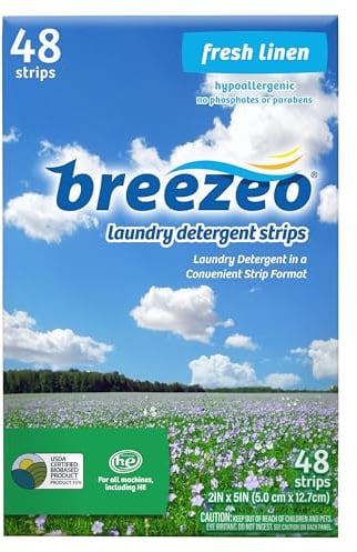 Breezeo Waschmittelstreifen (Waschmittelblätter), frischer Leinenduft, 48 Waschladungen – bequemer als Pods, Pacs, Flüssigkeiten oder Pulver – ideal für Zuhause, Wohnheim, Reisen, Camping und