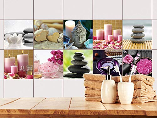 GRAZDesign Fliesenaufkleber Bad Wellness Spa, Klebefolie Klebefliesen, alte Küchenfliesen Badfliesen überkleben, Fliesenbild selbstklebend Fliesen, glänzende Folie, 15x15cm, Set 10 Stück