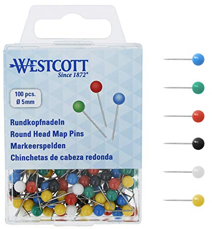 Westcott Lot de 100 Épingles à Tête Ronde 5 mm de Diamètre, Multicolore